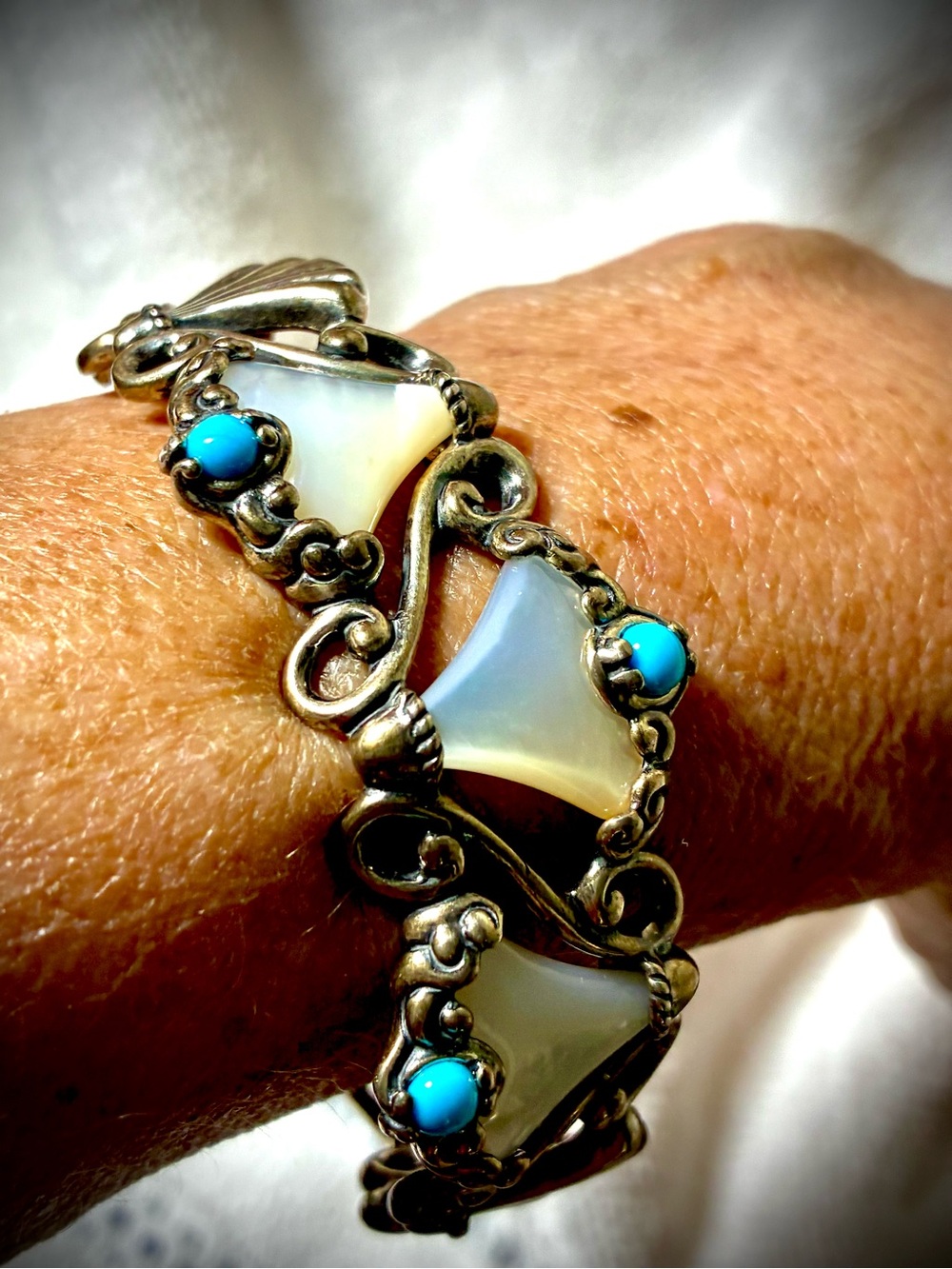 Silver Toned Mother-of-Pearl & Turquoise Cuff Bracelet